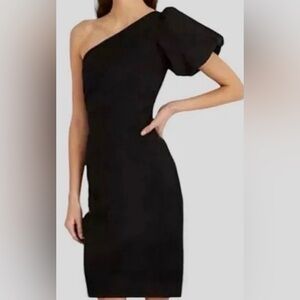 VICI One Shoulder Black Puff Sleeve Ribbed Knit Bodycon Midi Dress